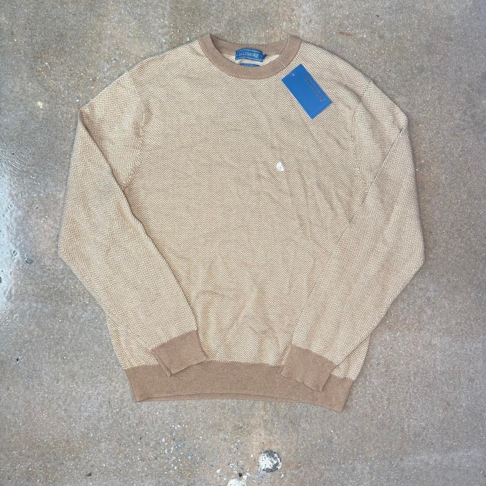 Biltmore Cotton Cashmere Herringbone Knit Crewneck Sweater Men's L NWT Brown